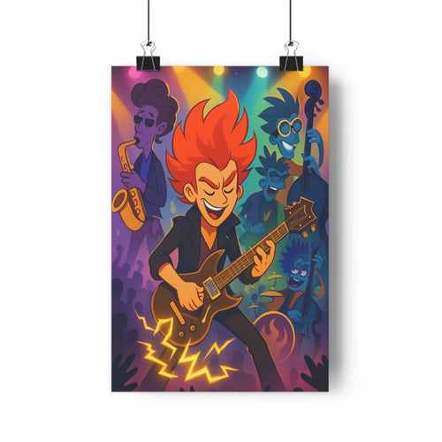 Poster vibrant rock musiciens guitariste saxophoniste contrebassiste batteur lumières multicolore ambiance festive cartoon traits épais couleurs vives rouge bleu jaune