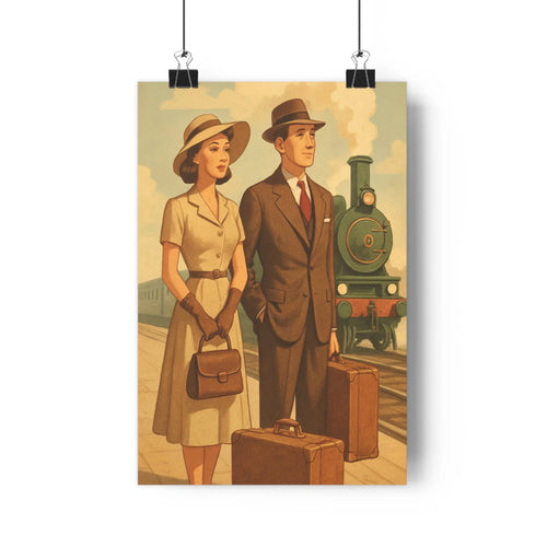 Poster rétro couple plateforme ferroviaire costumes élégants valises locomotive bleu clair nuages plante verte étagère beige ambiance attendue salon bureau