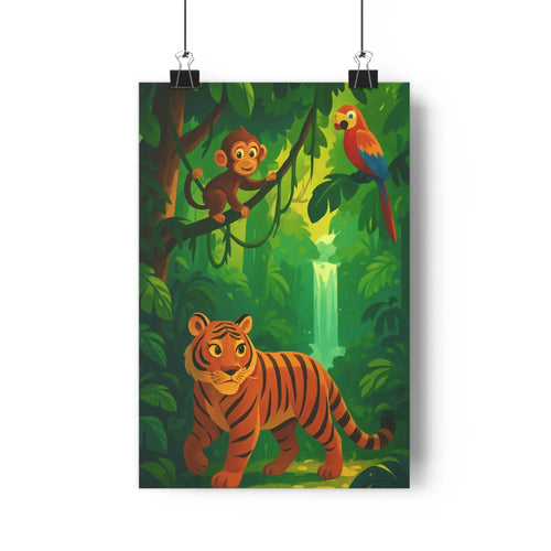 Poster jungle cartoon tigre singe perroquet cascade verdure rouge jaune vivace naturel chambre salon vibrant
