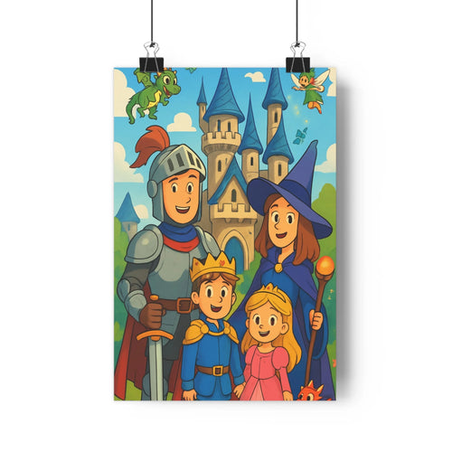 Poster médiéval fantastique chevalier armure cape princesse couronne robe dragon ciel bleu tours château pierre expression joyeuse lumière couleurs vives