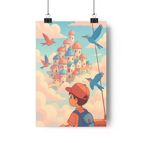 Poster enfant aventurier île flottante nuages oiseaux bonnet orange paysage pastel maison foret calme rêveuse chambre décoration unique