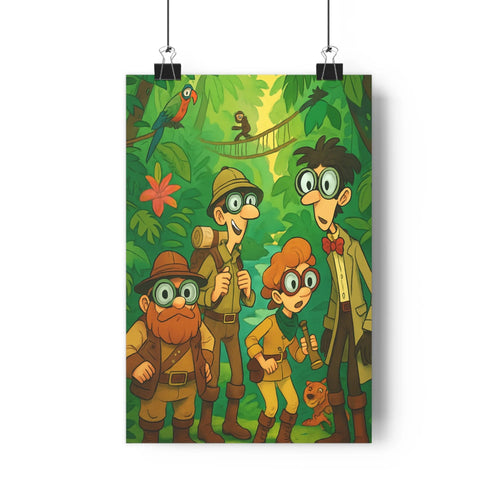 Poster vibrant aventure jungle explorateurs tenues adaptées chapeaux lunettes plantes vertes fleurs colorées singe branche ambiance exotique nature cartoon expressions