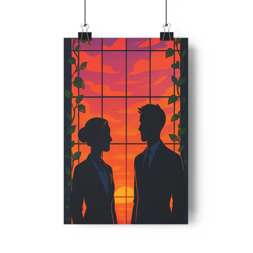 Poster silhouettes homme femme fenetre carreaux feuilles verte ciel couchant rose rouge violet moderne net contour ambiance intime salon chambre