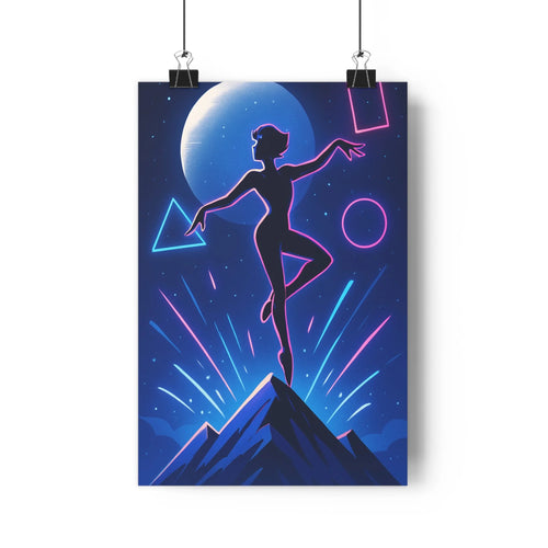 Poster moderne danseuse silhouettes bleu nuit lune géométries futuriste rose violet minimaliste énergétique salon chambre