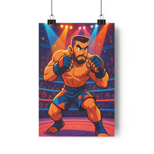Poster boxeur musclé combat ring projecteurs multicolores mur blanc console objets ombres douces style cartoon ambiance dynamique intense chambre salon