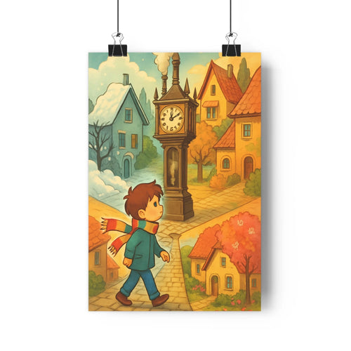 Poster enfant manteau bleu foulard rouge rue pavée horloge vapeur maisons colorées feuilles d’automne ambiance paisible style cartoon palette pastel nostalgie
