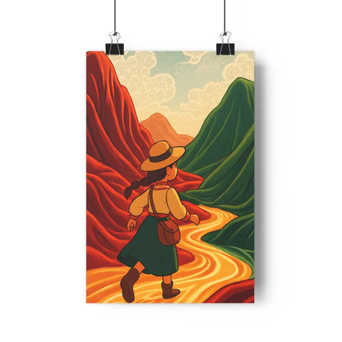 Poster femme marchant chemin montagne chapeau large robe verte veste marron bottes brunes couleurs chaudes nuages blancs style cartoon paisible