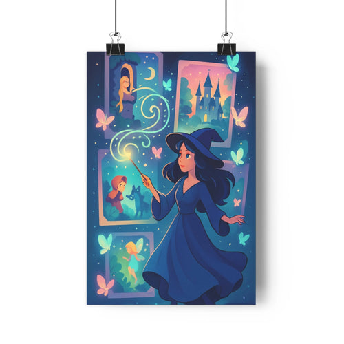 Poster sorcière robe bleue baguette magique tableau scènes féminines château lune papillons coeurs ambiance enchantée style cartoon couleurs pastel chambre