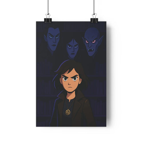Poster féminin mystérieux figures inquiétantes ambiance sombre couleurs bleues marrons style moderne minimaliste profondeur intense dramatique chambre salon bureau