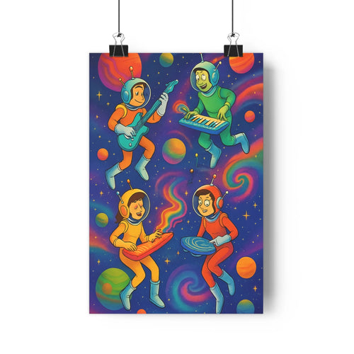 Poster spatial musique personnages colorés combinaison joyeuse planètes spirales ciel nocturne vibrant festive cartoon