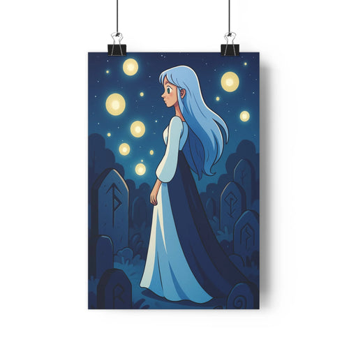 Poster mystique femme chevelure bleue robe nuits étoilées cimetière runes lumières flottantes bleu profond ambiance contemplative magie graphique doux minimaliste