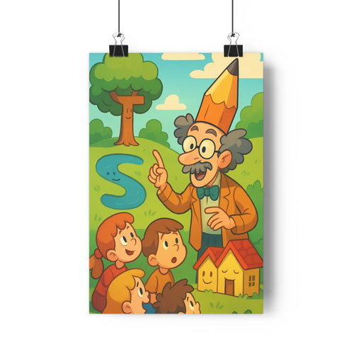 Poster éducatif enfants curieux enseignant crayon s paysage arbre ciel nuage couleur verte joyeuse cartoon vibrant ludique chambre salon