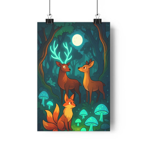 Poster nocturne foret renard cerfs champignons lumineux bleu vert fluo ambiance mystique magique cartoon chambre salon