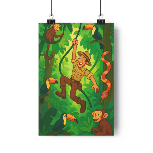 Poster explorateur jungle toucans singes feuillage vibrant marron cartoon net contour joyeux énergique naturel salon chambre enfants