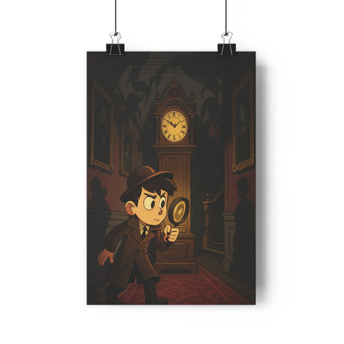 Poster détective loupe costume cravate chapeau horloge cadres dorés tapis rouge pièce historique ambiance énigmatique recherche légèrement dramatique
