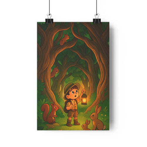 Poster enfant explorer forêt lanterne écureuil lapin nature verte marron cartoon doux contours nets aventure mystérieuse chambre salon