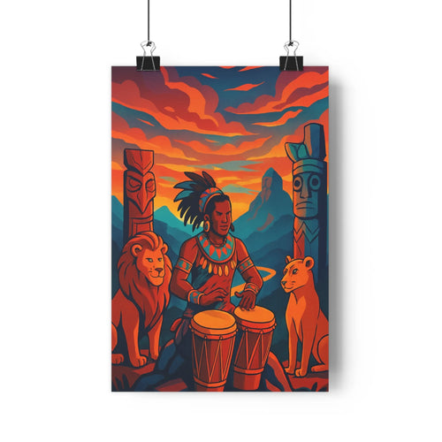 Poster homme lion panthère tambour coiffe bijoux montagnes statues ombres douces rouge orange bleu moderne vibrant totem animaux ambiance chambre
