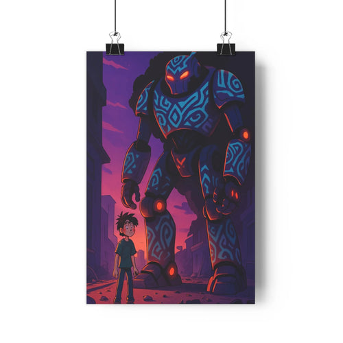 Poster robot géant bleu rouge yeux lumineux garçon souriant ville moderne nuages sombres ciel violet ambiance mystérieuse chambre bureau