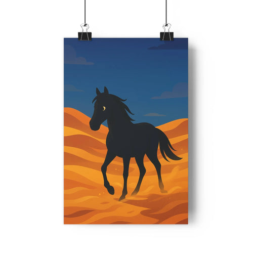 Poster cheval noir désert sable orange nuages sombres ciel bleu nuit galop dynamique liberté forme arrondie style moderne salon bureau