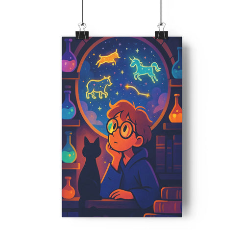 Poster enfant lunettes fenetre étoile animaux constellation labo chat plantes intérieur bleu violet mystèreétude