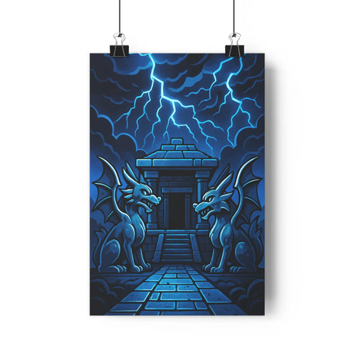 Poster mystique dragons temple nuages foudre bleu noir réaliste détails intense dramatique salon bureau