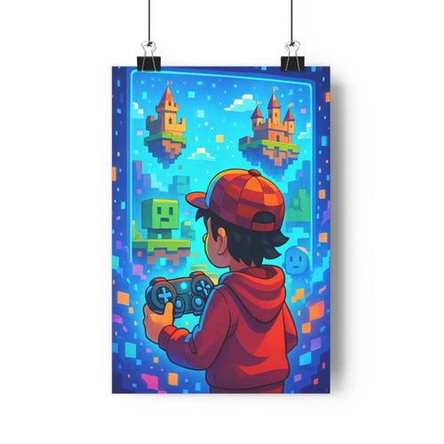 Poster joueur jeux vidéo manette pixel art bleu rouge château flottant monstre carre ambiance joyeuse déco chambre simple fond sobre