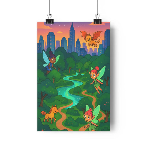 Poster cartoon fées forêt urbaine ailes vives arbres verdoyants ruisseau sinueux gratte-ciels illuminés couleurs joyeuses ambiance fantastique chambre moderne