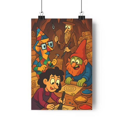 Poster enfant créative crayons couleur atelier artistique personnages joyeux ambiance chaleureuse intérieur rustique troncs arbres étagères bois couleurs vives style