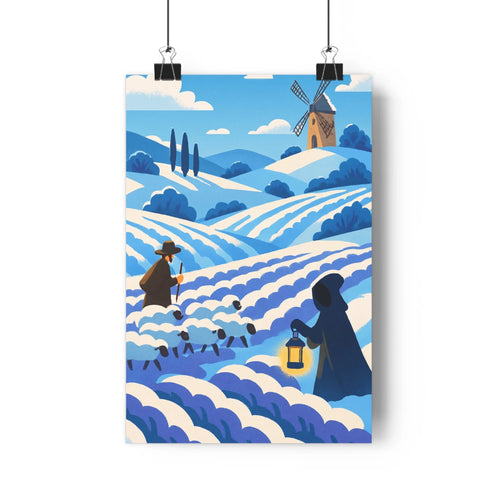 Poster paysage lavande collines berger lanterne moulin vent arbres ciel bleu nuages ambiance paisible romantique chambre salon