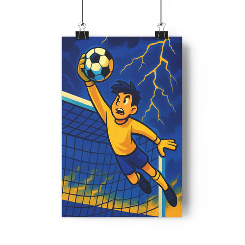 Poster gardien but ballon football maillot jaune shorts bleus chaussettes noires plante verte table blanche éclairs jaunes fond bleu ambiance