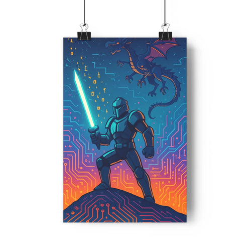 Poster futuriste armure epée numérique dragon circuits électroniques ciel nocturne etoiles technologie fantastique bleu violet lumière dorée