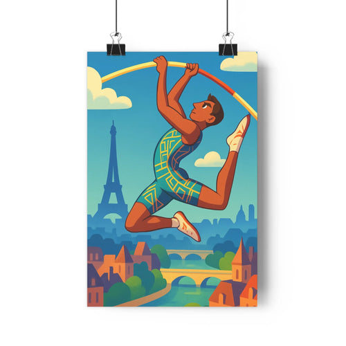 Poster acrobate saut barre paris tour eiffel motifs géométriques ciel bleu nuages verts toits colorés ponts moderne énergique vibrant chambre