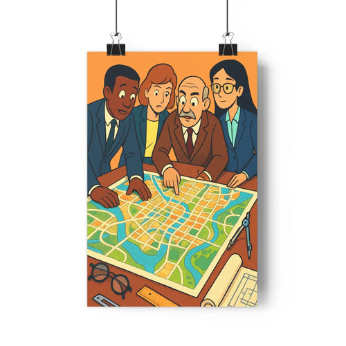 Poster collaboration cartographie personnages concentrés table outils plante verte étagère couleurs vives ambiance professionnelle style cartoon