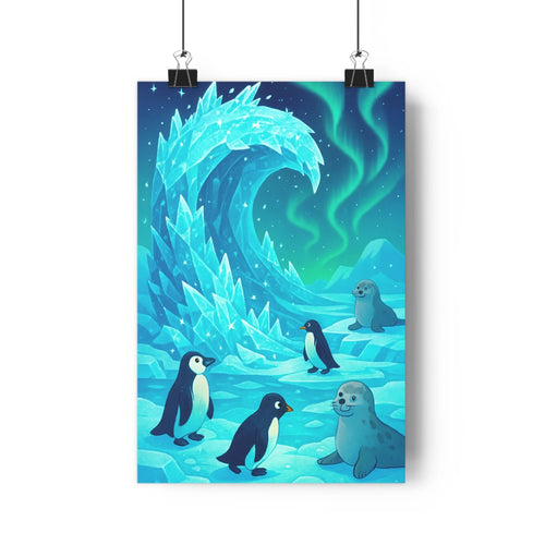 Poster scène arctique pingouins phoques glace vague bleue verte calme doux cartoon chambre salon