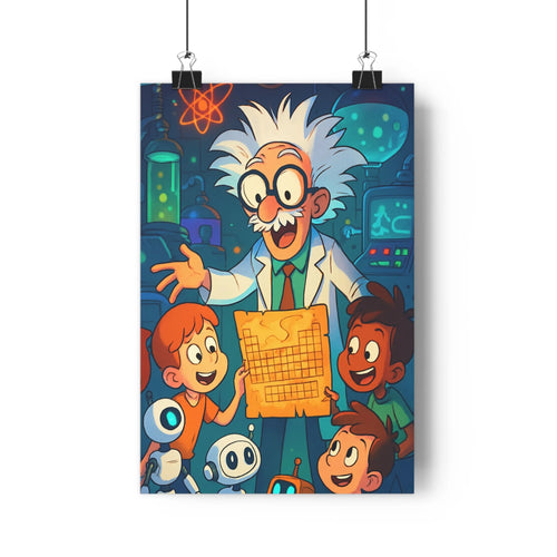 Poster science fiction éducatif enfants robots scientifique formules mathématiques tubes lumineux symboles chimiques bleu nuit couleurs vives style cartoon expressions