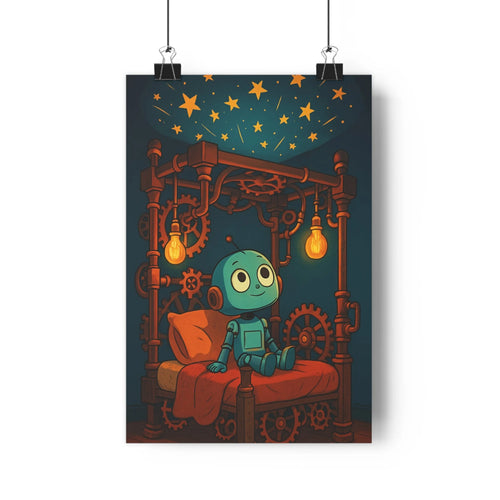 Poster robot détendu chambre steampunk étoiles dorées couverture rouge mécanismes engrenages plante verte ambiance fantastique sci-fi