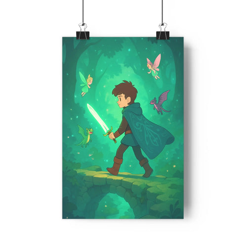 Poster décoratif aventure médiévale magique forêt enchantée épée lumineuse créatures fantastiques enfant chambre mystérieuse