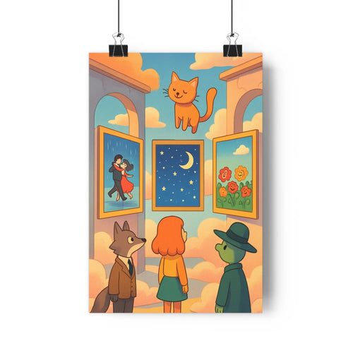 Poster animal architecture renard costumé fille rouquine oiseau casquette tableaux embrassade paysage nocturne fleurs roses chat sauteur nuages orange bleu