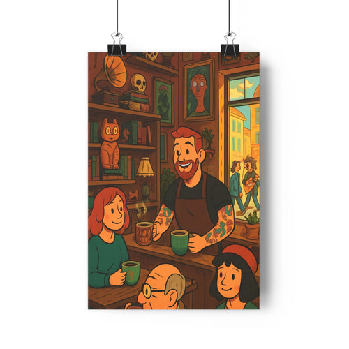 Poster cartoon café chaleureux barista clients livre étagères décoration solaire ambiance rustique confort salon vintage éclectique expressions faciaux communautaire