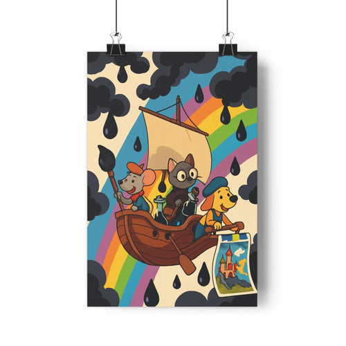 Poster animal cartoon pluie arc-en-ciel barque nuages chat chien rat oiseau bleu rouge vert joyeux mélancolique salon chambre