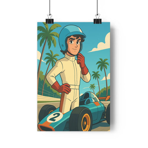Poster course pilote voiture verte palmiers ciel bleu combinaison blanche manches rouges ambiance sportive tropical vibrant illustration rétro moderne chambre