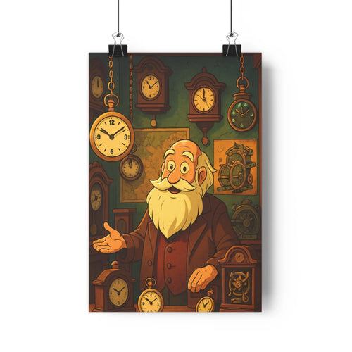Poster rétro horloges homme barbu plantes livres céramiques ambiance vintage salon bureau nostalgie confort verte brune