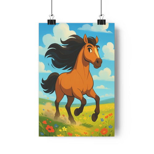 Poster cheval galopant champ fleurs ciel nuages roses marguerites cartoon couleurs vives joyeuse dynamique salon chambre