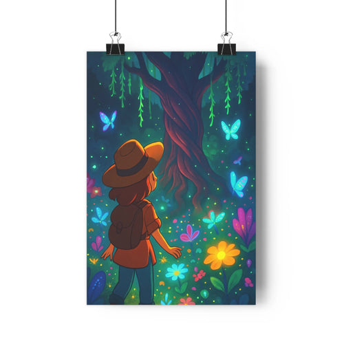 Poster féerique nuit arbre majestueux feuilles vertes fleurs colorées papillons lumineux ambiance apaisante style réaliste nature domestique couleurs vives mystère