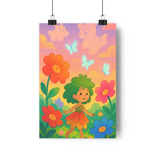 Poster féerique fleurs colorées personnage féminin champ nuages roses bleus papillons lumineux ambiance magique style cartoon couleurs vives joyeuse paix
