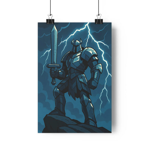 Poster épée combat roche fond bleu foudre lumière mystère drame équipement moderne ombres nettes intense chambre bureau