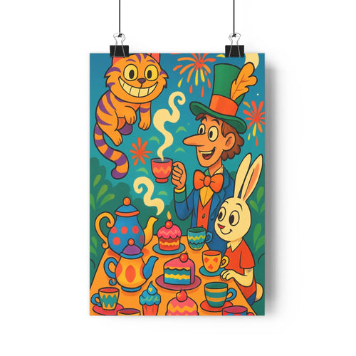 Poster chat souriant lapin homme haut-de-forme thé gâteaux monstera fleurs colorées joyeux cartoon vibrant salon chambre