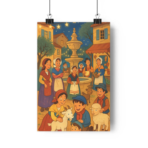 Poster village nuit enfants moutons adultes fontaine maisons colorées arbres étoiles ambiance chaleureuse cartoon expressions joyeuses salon chambre