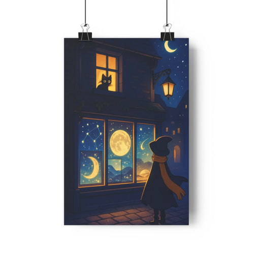 Poster nuit étoilée chat noir silhouette chapeau pointu maison lumineuse décors pavés lanternes murales nuages ambiances mystérieuses intérieurs salons chambres