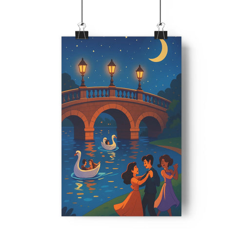 Poster romantique pont lumineux couples lanternes élégants riverain lune étoiles bleu nuit rouge doré cartoon détails simple chambre salon